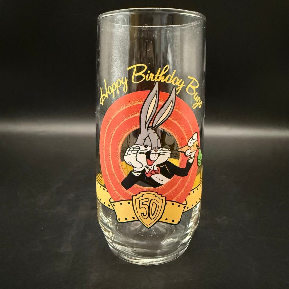 1990 Happy Birthday Bugs Bunny 50th Anniversary Looney Tunes Glass Cup Vintage